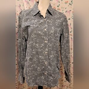 Y2K J. Campbell Floral Gingham Cotton Casual Neutral Collar Dress Shirt Top SZ M